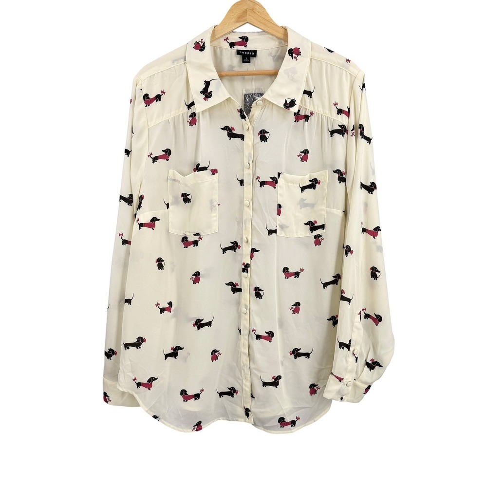 Torrid Madison Blouse Ivory Dachshund Dog Print Sheer Georgette‎ Size 2X New
